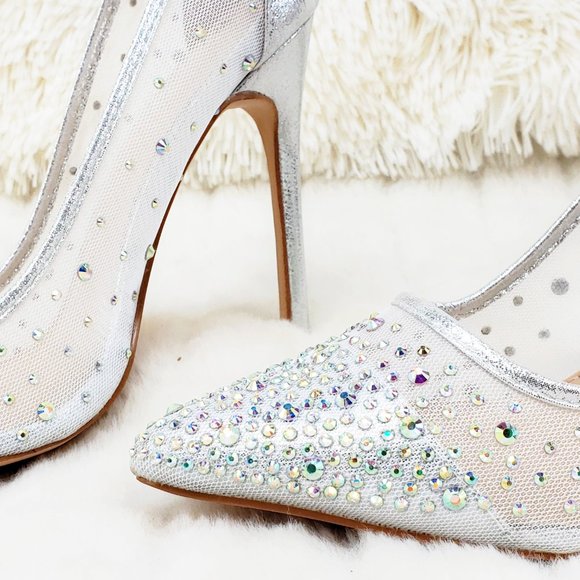 Krayzie Silver Mesh Jeweled High Heel Pumps - Picture 11 of 12